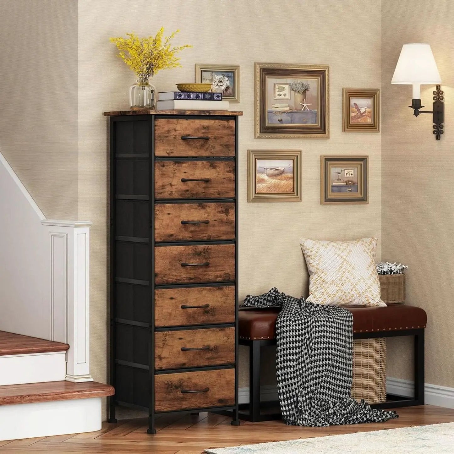 Tall Dresser With Seven Fabric Drawers In Woodgrain Finish from PriceLows™