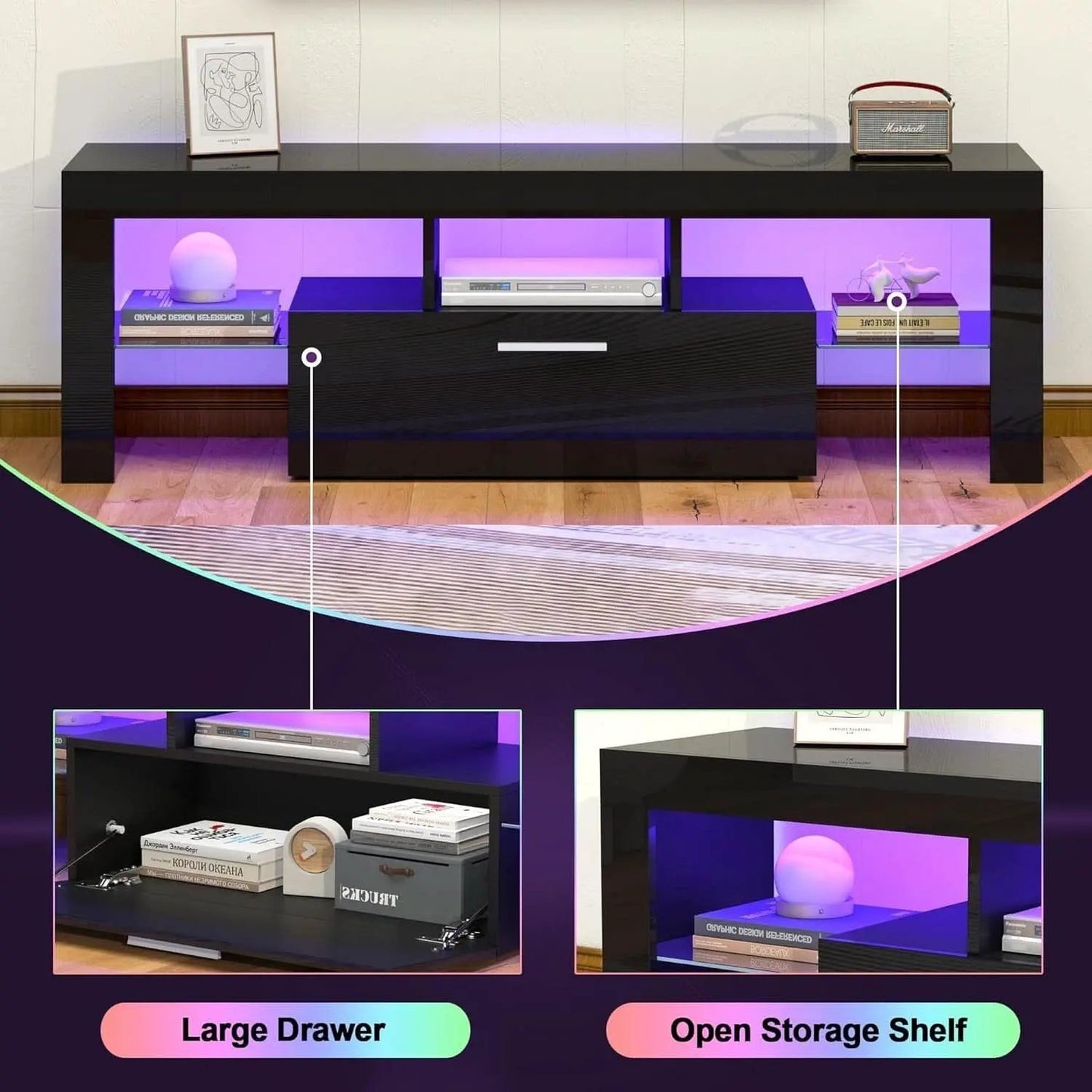 Black LED TV Stand With Large Storage Drawer For TVs Up To 55 Inches from PriceLows™