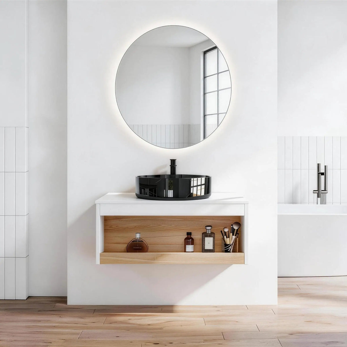 Wall Mounted Bathroom Vanity | Vessel Sink | Open Shelf Storage