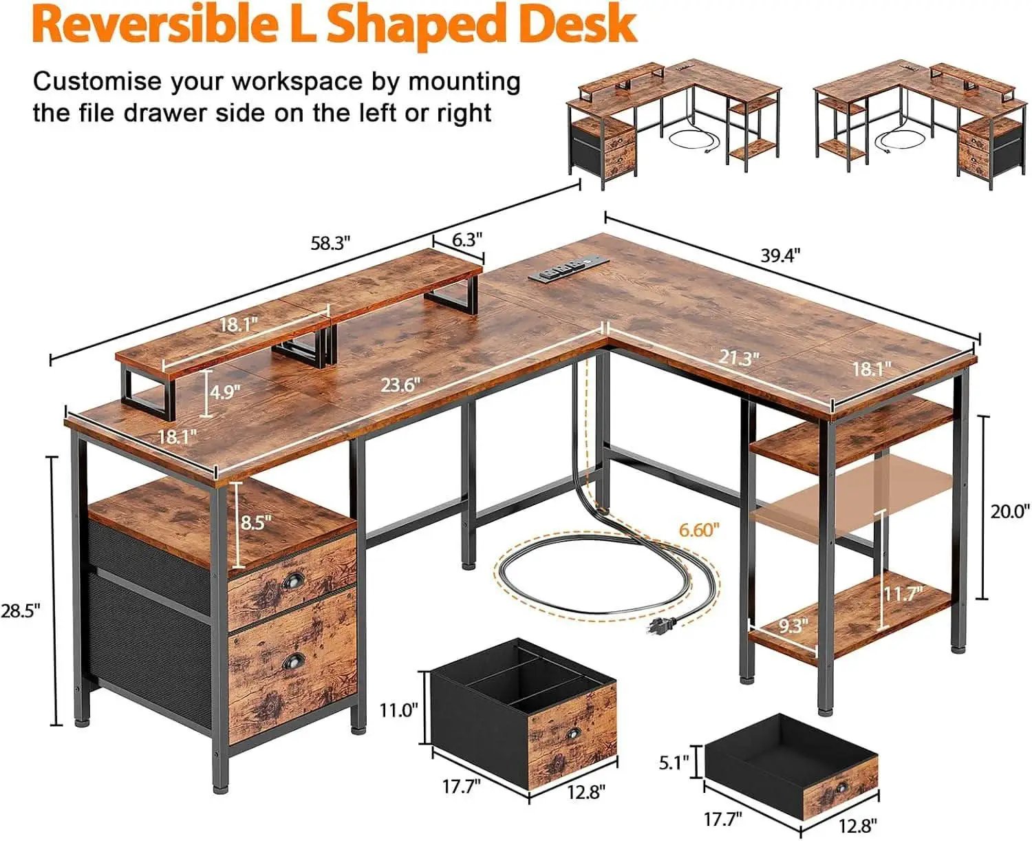 Fifty Nine Inch L Shaped Desk With Power Outlet And Storage Shelves from PriceLows™