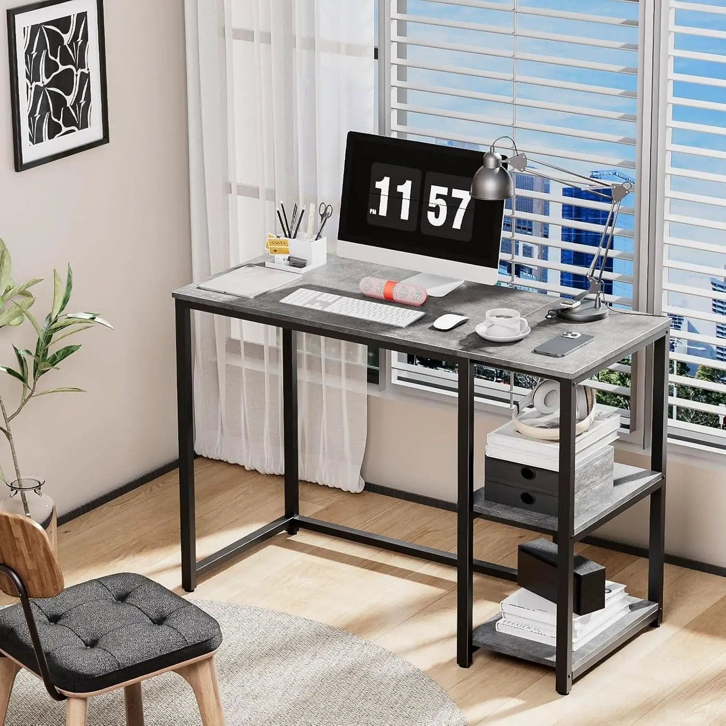 Computer Desk 40 Inch Gray With Durable Storage Shelves from PriceLows™