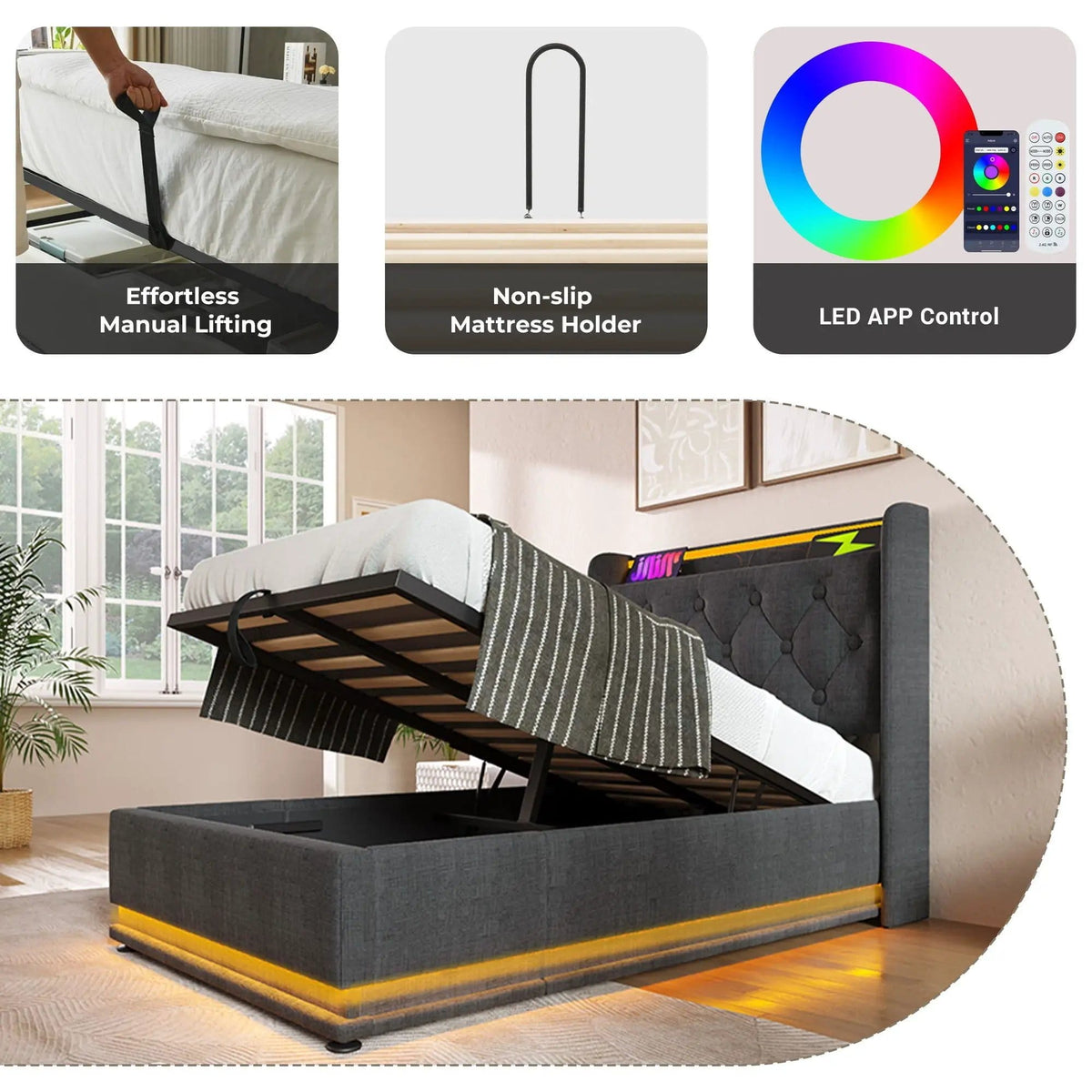 Upholstered Bed, 360 Surround LED Function, Remote Control, Hydraulic Storage Bed | 8 Pieces | Fabric & Iron | Bedroom