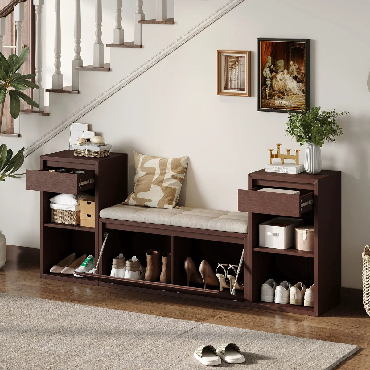 Entryway Storage Bench | Flip Top Compartment | Pine Wood Frame