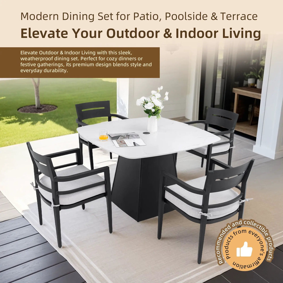 Outdoor Patio Dining Set | Squircle Sintered Stone Table | Sunbrella Cushion Chairs | Rust-Free Aluminum Frame