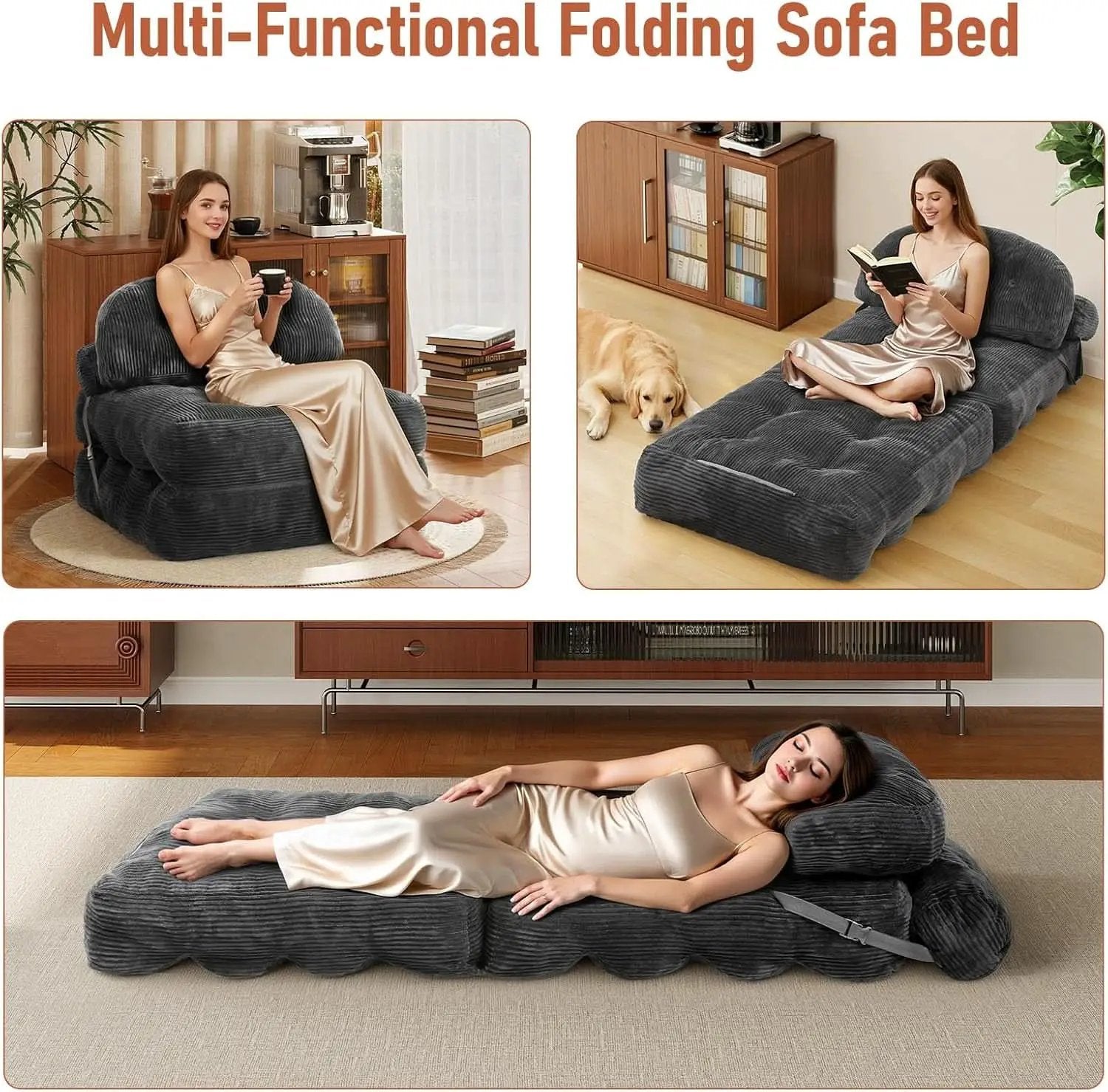 Dark Gray Folding Sofa Bed With Ergonomic Back Support from PriceLows™
