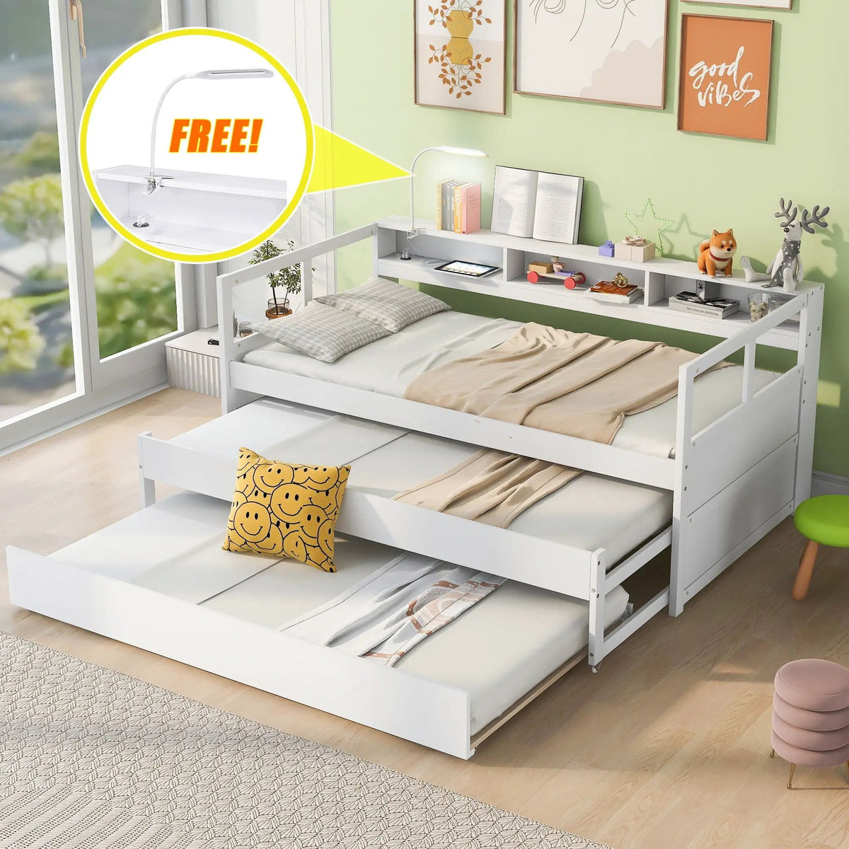 Daybed | 2 Trundles | 3 Storage Cubbies | Solid Wood Frame