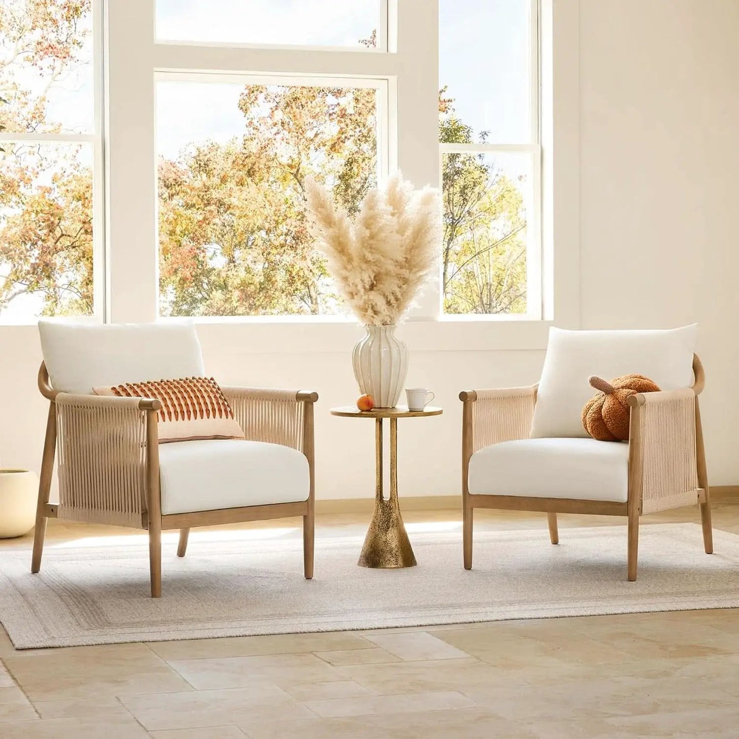 Cream Braided Accent Armchair With Wooden Armrests from PriceLows™