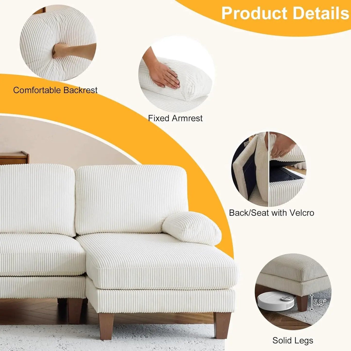 Beige 111 Inch U Shape Corduroy Sectional Sofa With Chaises from PriceLows™