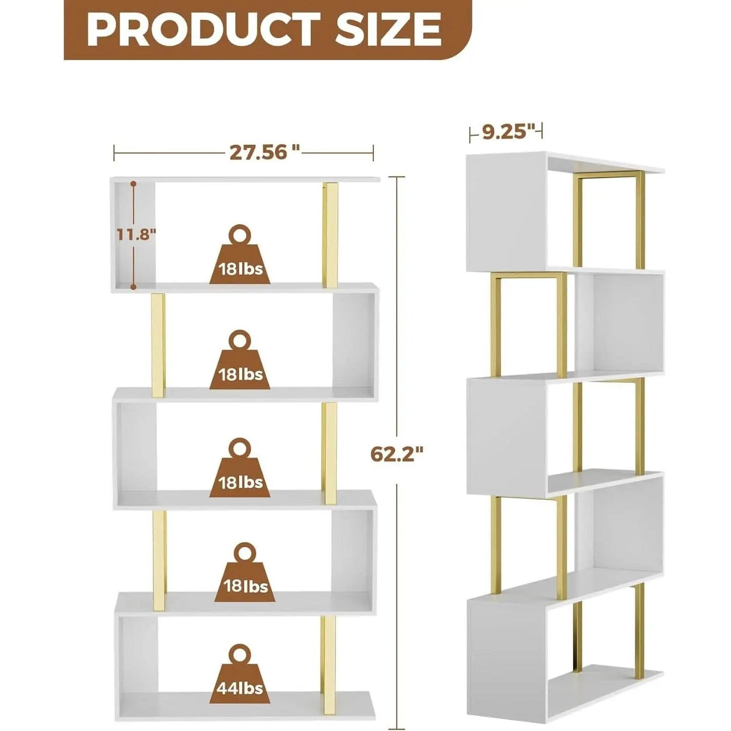 Gold 5 Tier S Shaped Wooden Bookcase For Living Room from PriceLows™