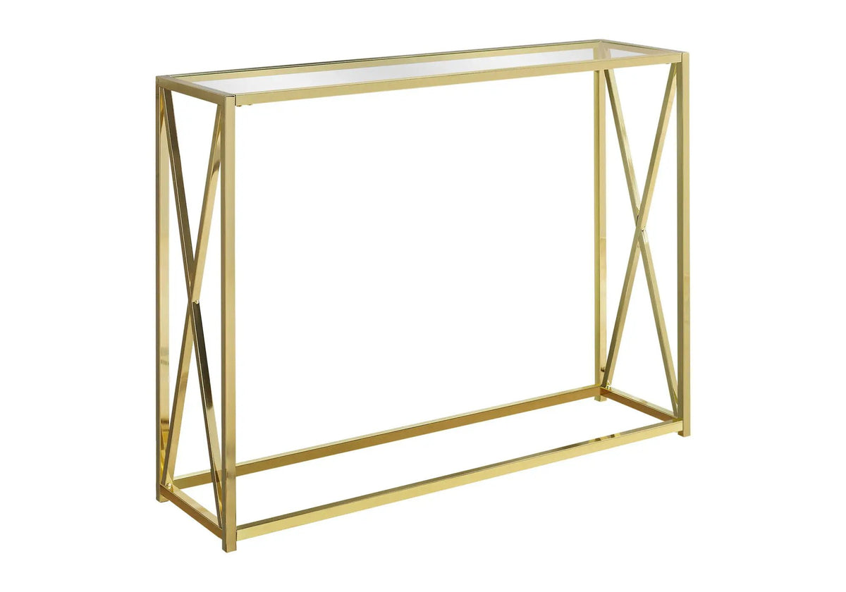 Gold Entryway Console Table | 42.25 Inch Width | Clear Tempered Glass Top | X-Design Metal Base