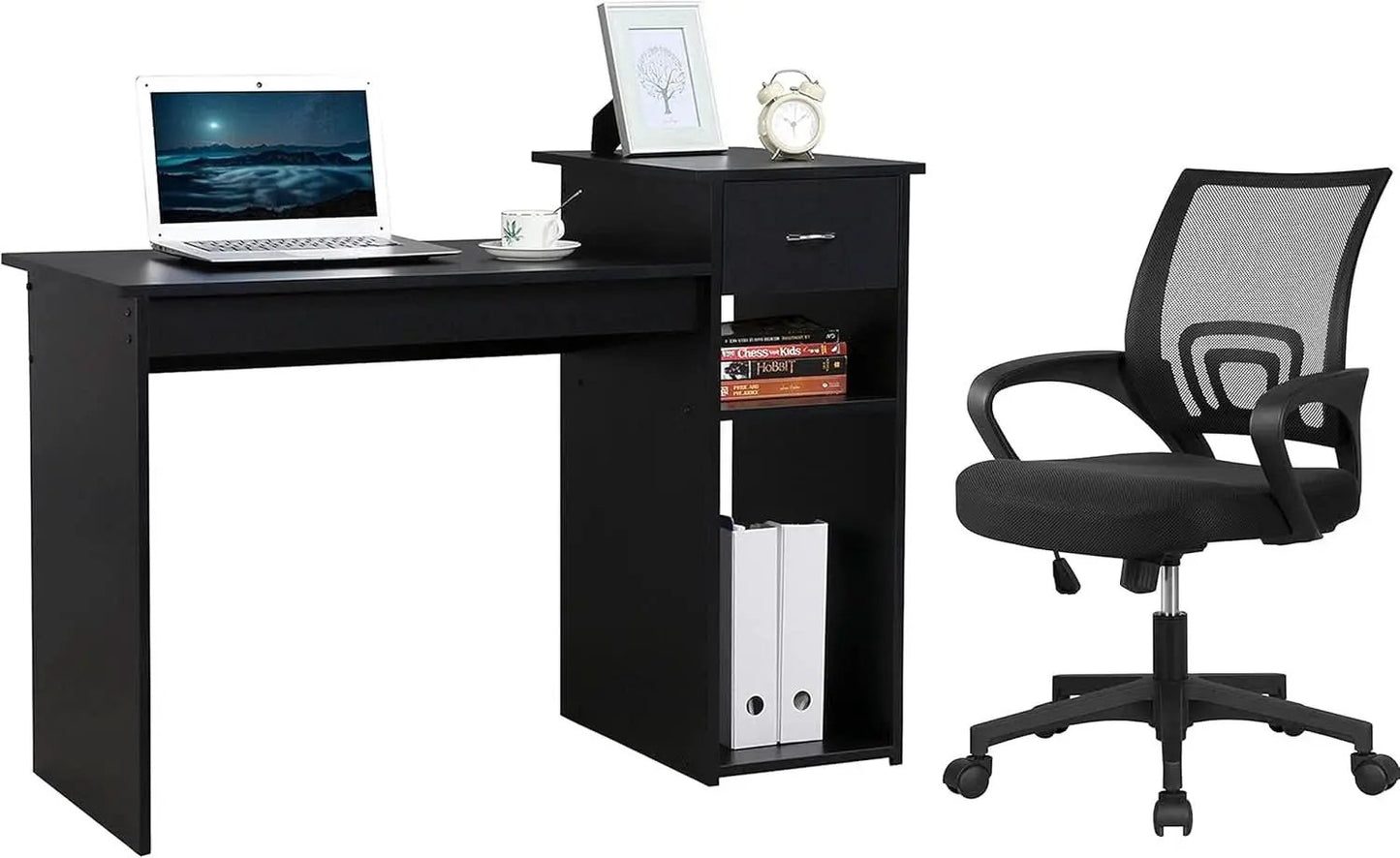Modern Desk Drawer Shelves And Ergonomic Mesh Chair Set from PriceLows™