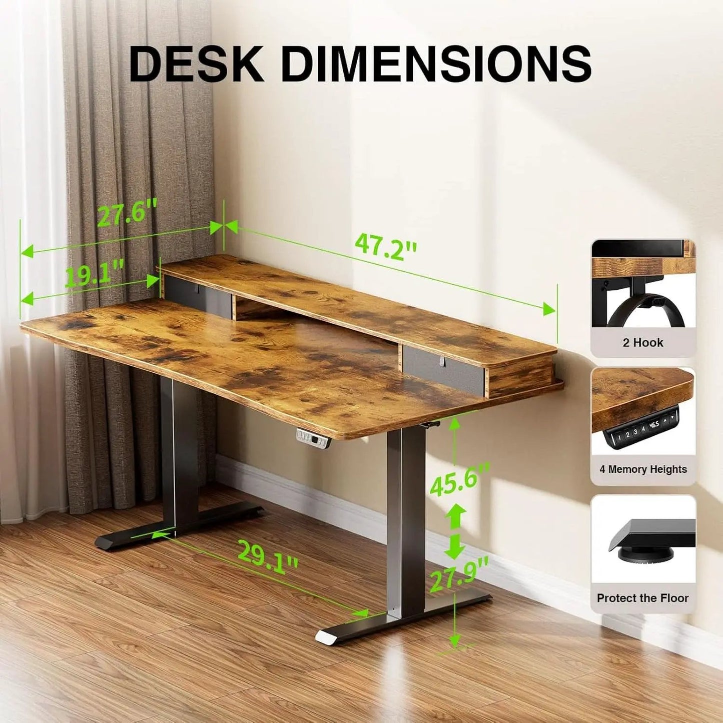Brown 47.2 Inch Standing Desk Monitor Riser Drawers from PriceLows™