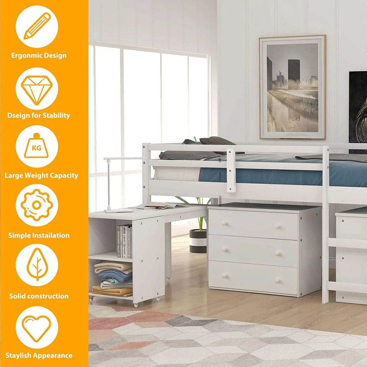 Twin Loft Bed With Rolling Desk And Storage For Small Rooms from PriceLows™