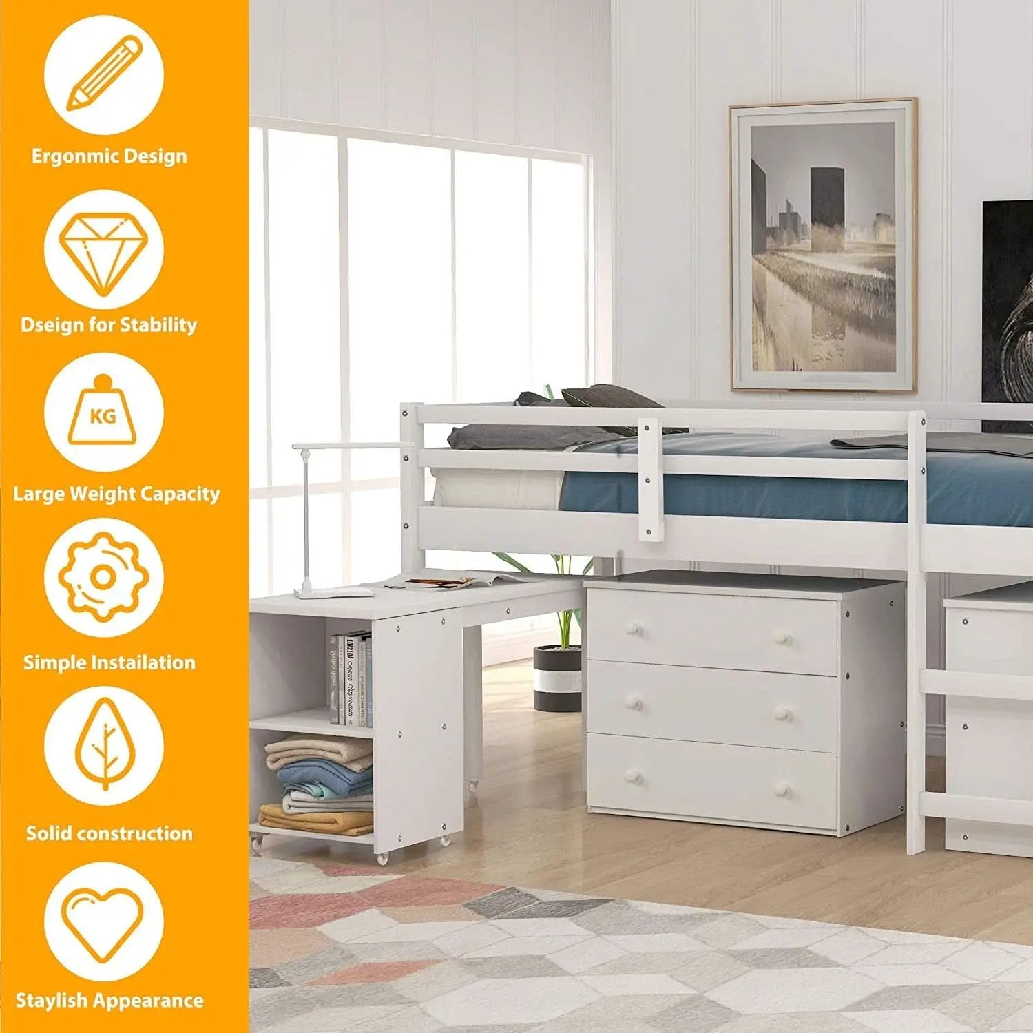 Twin Loft Bed With Rolling Desk And Storage For Small Rooms from PriceLows™