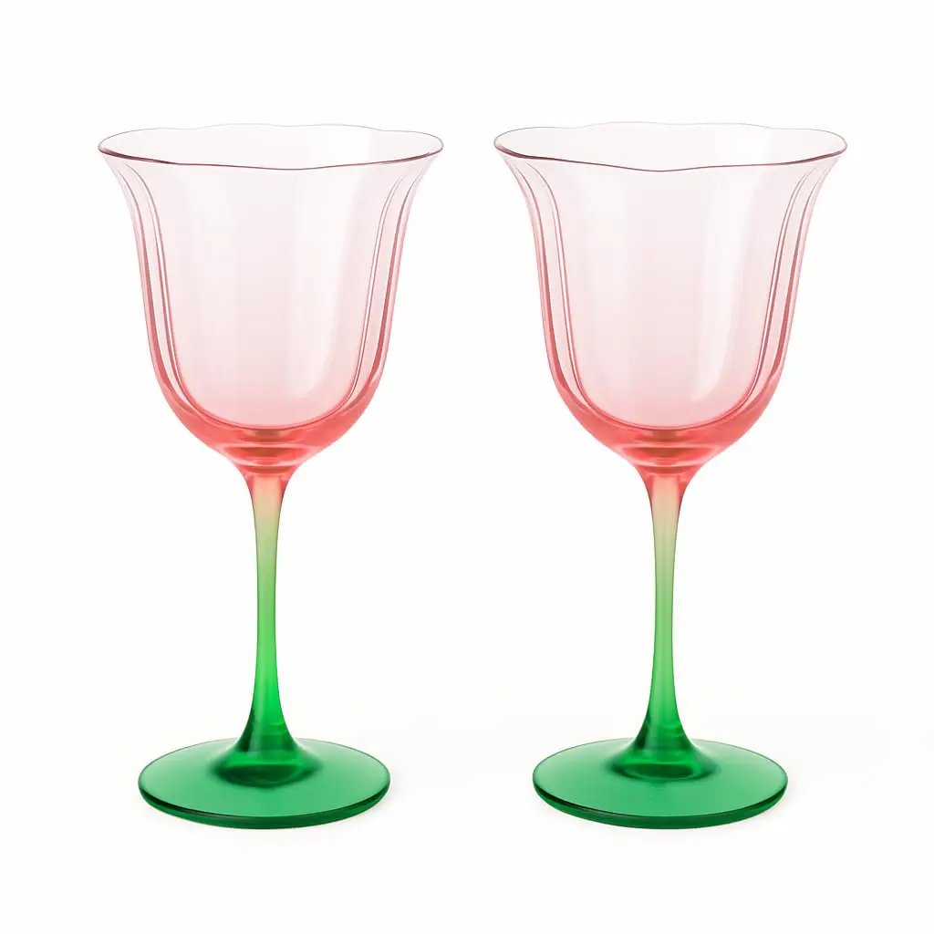 Khen Blossom Pink Tulip Wine Glasses Set of 2, Hand Blown Colored Crystal from PriceLows™
