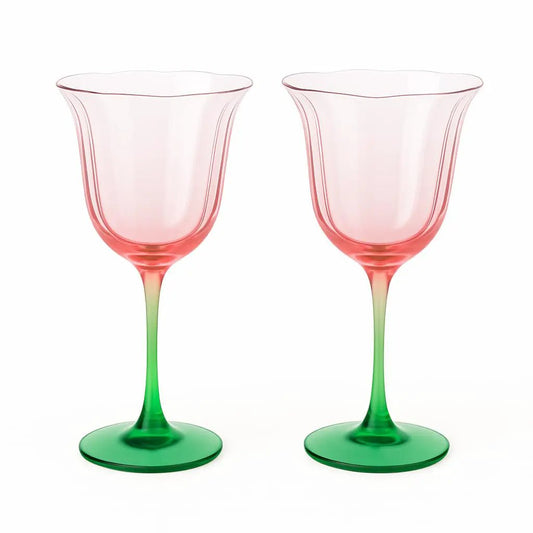 Khen Blossom Pink Tulip Wine Glasses Set of 2, Hand Blown Colored Crystal from PriceLows™