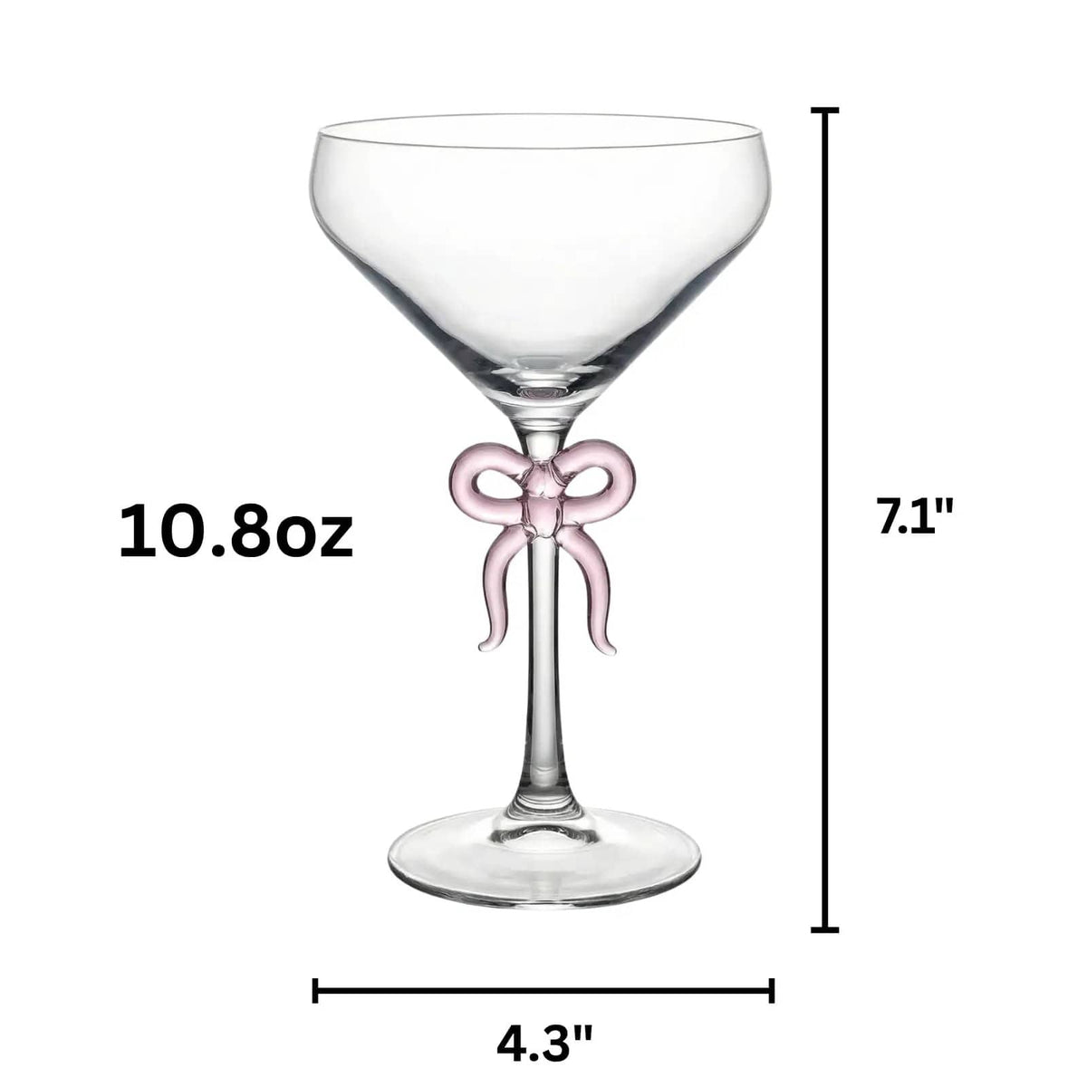 Single Clear Martini Glass with Pink Bow on Stem, One Piece | 10.8 oz | Glass | Cocktail Glass