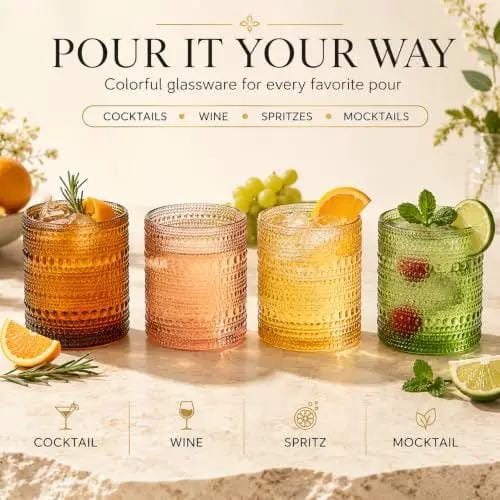 Fortuna Hobnail Lowball Glassware | 11 oz | Set of 6 | Entertaining