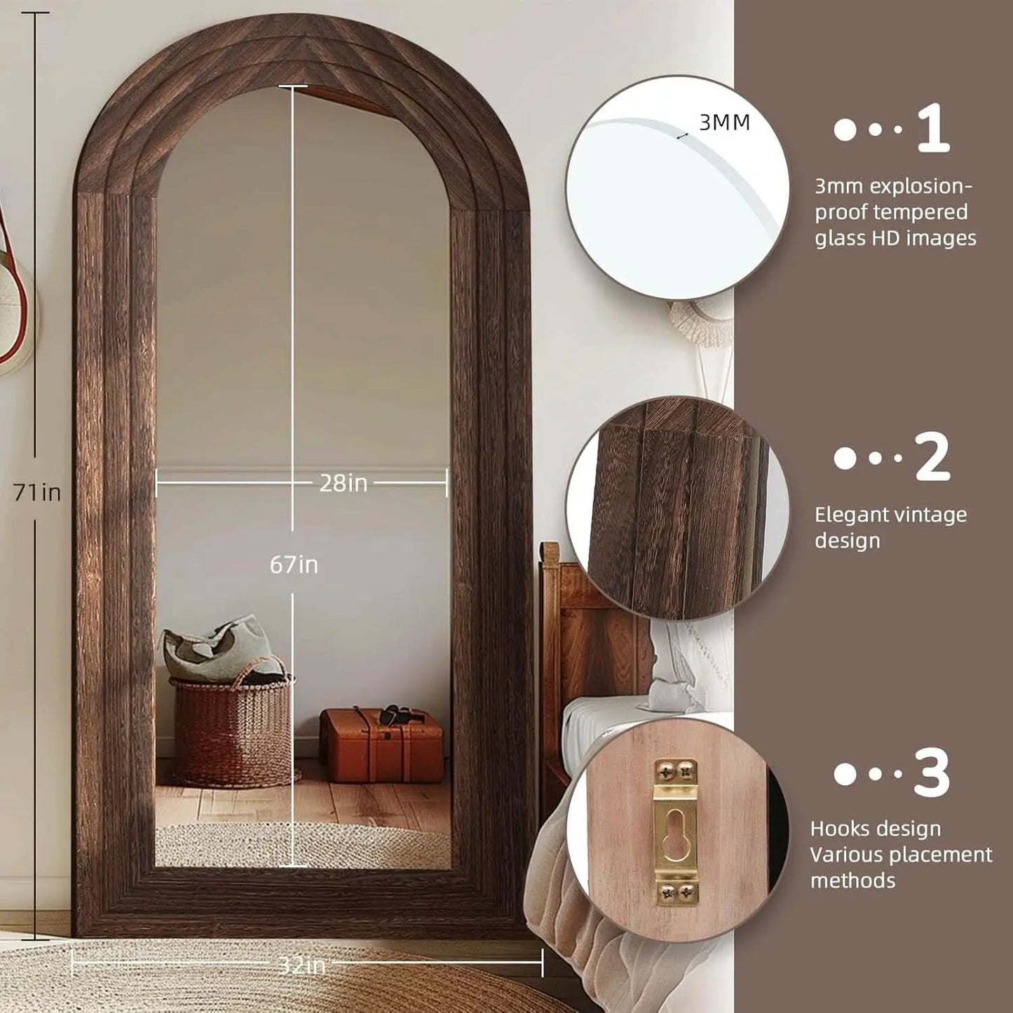 Arched Full Length Mirror 71x32 Inch Brown Solid Wood Frame from PriceLows™