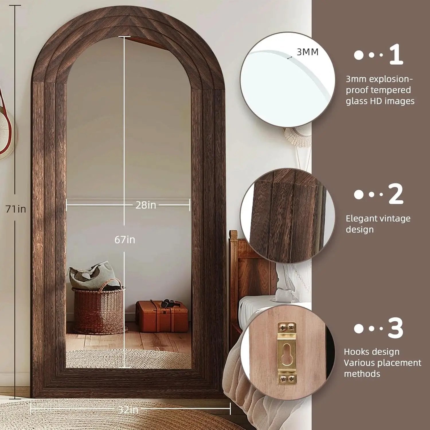 Arched Full Length Mirror 71x32 Inch Brown Solid Wood Frame from PriceLows™