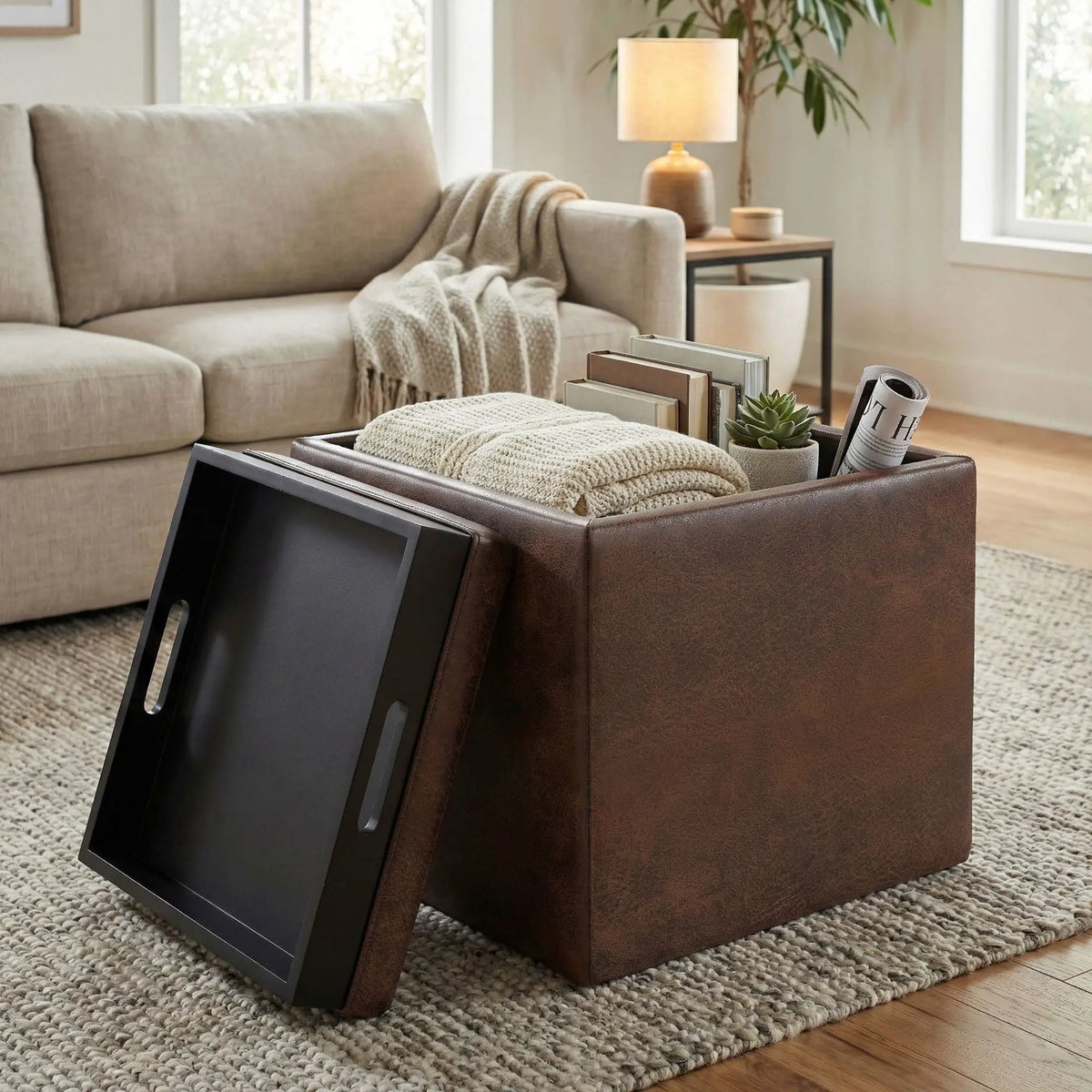 Rockwood Upholstered Cube Ottoman | Flip Over Serving Tray | Large Interior Storage | 16.9 Inch Cube