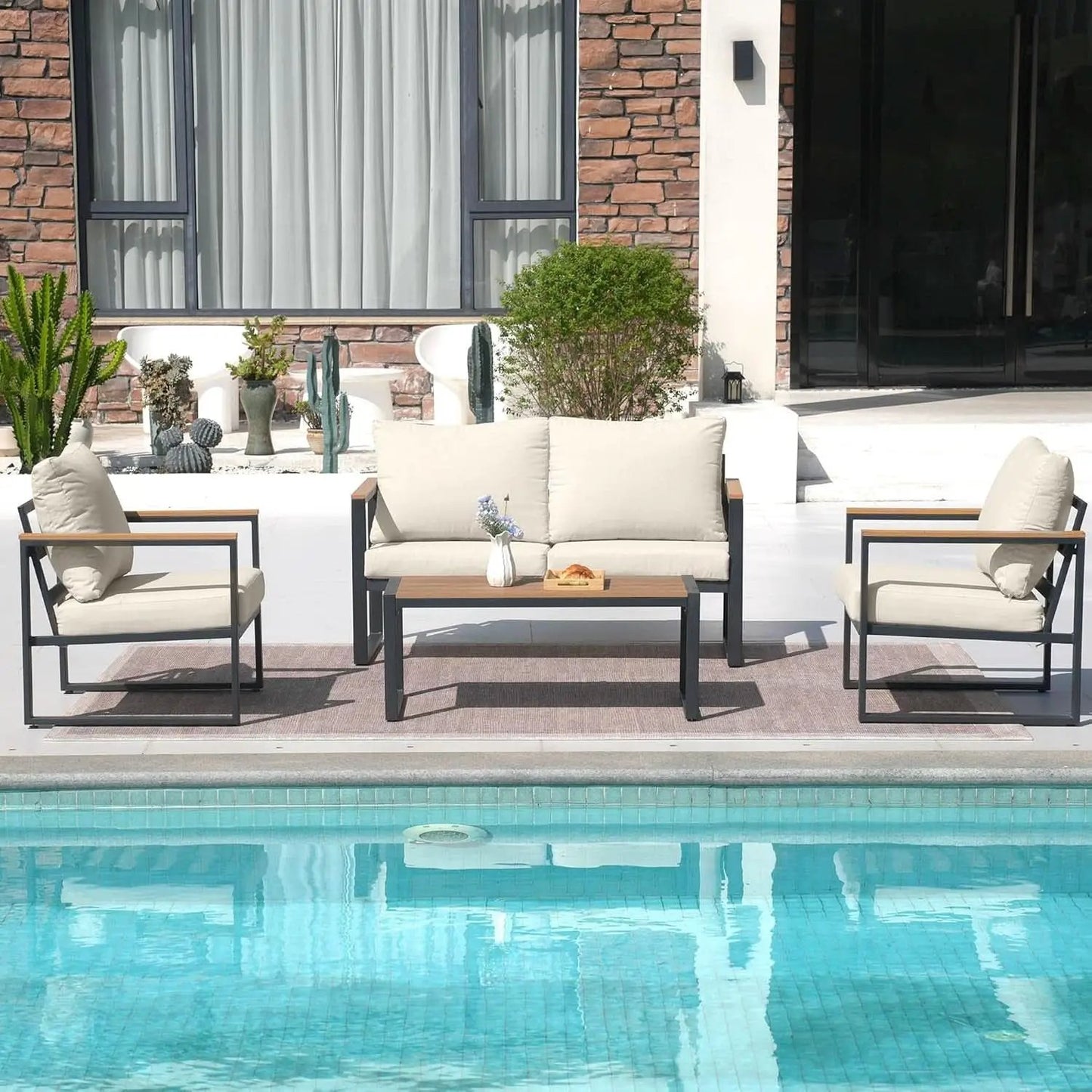 4 Piece Patio Set With Coffee Table Beige Metal Frames And Washable Cushions from PriceLows™