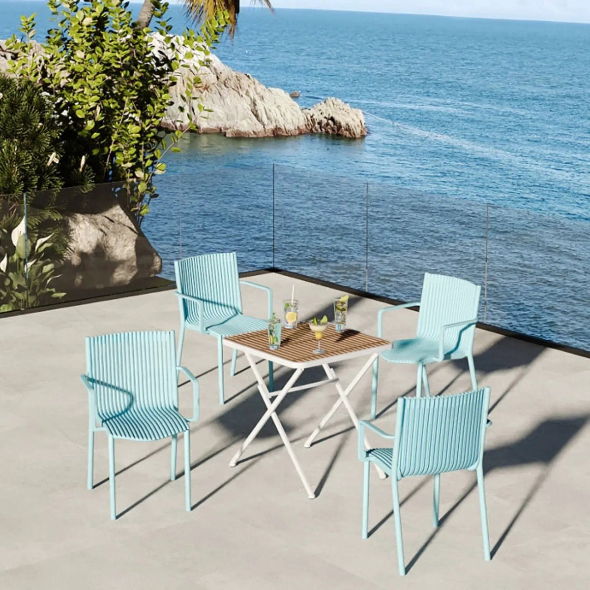4 Modern Stackable Plastic Armchair Matched With Folding Square Table 5 Piece | 5 Piece Outdoor Set | Metal | Outdoor Living