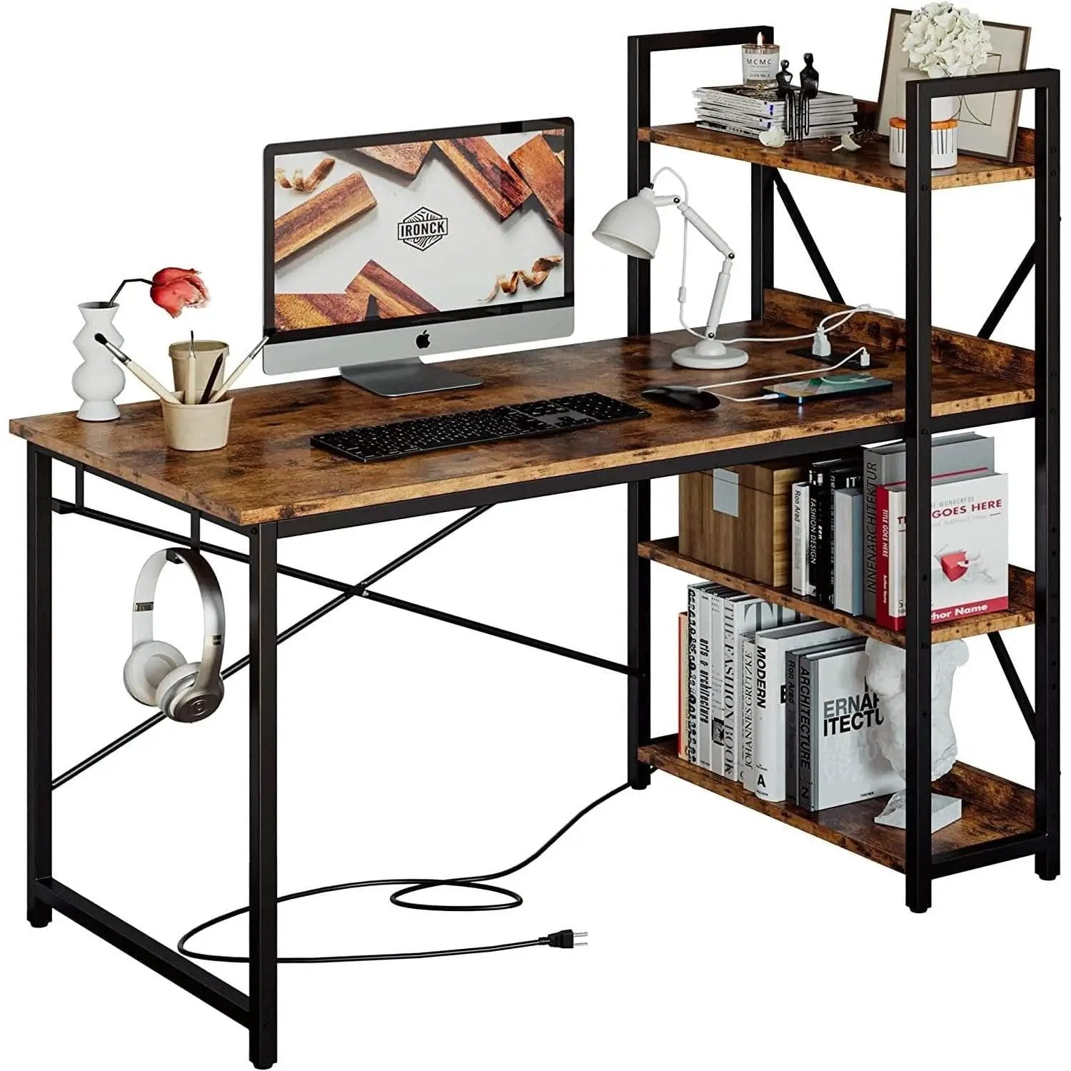 Rustic Brown Desk With Built In Power And Spacious Storage For Home Office from PriceLows™