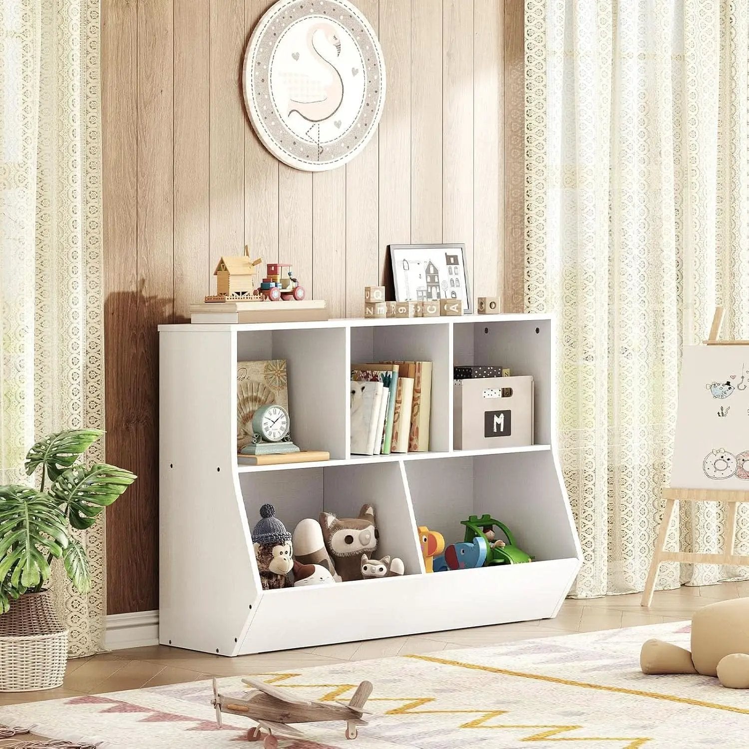 White 35.4 Inch Kids Bookshelf With Open Compartments from PriceLows™