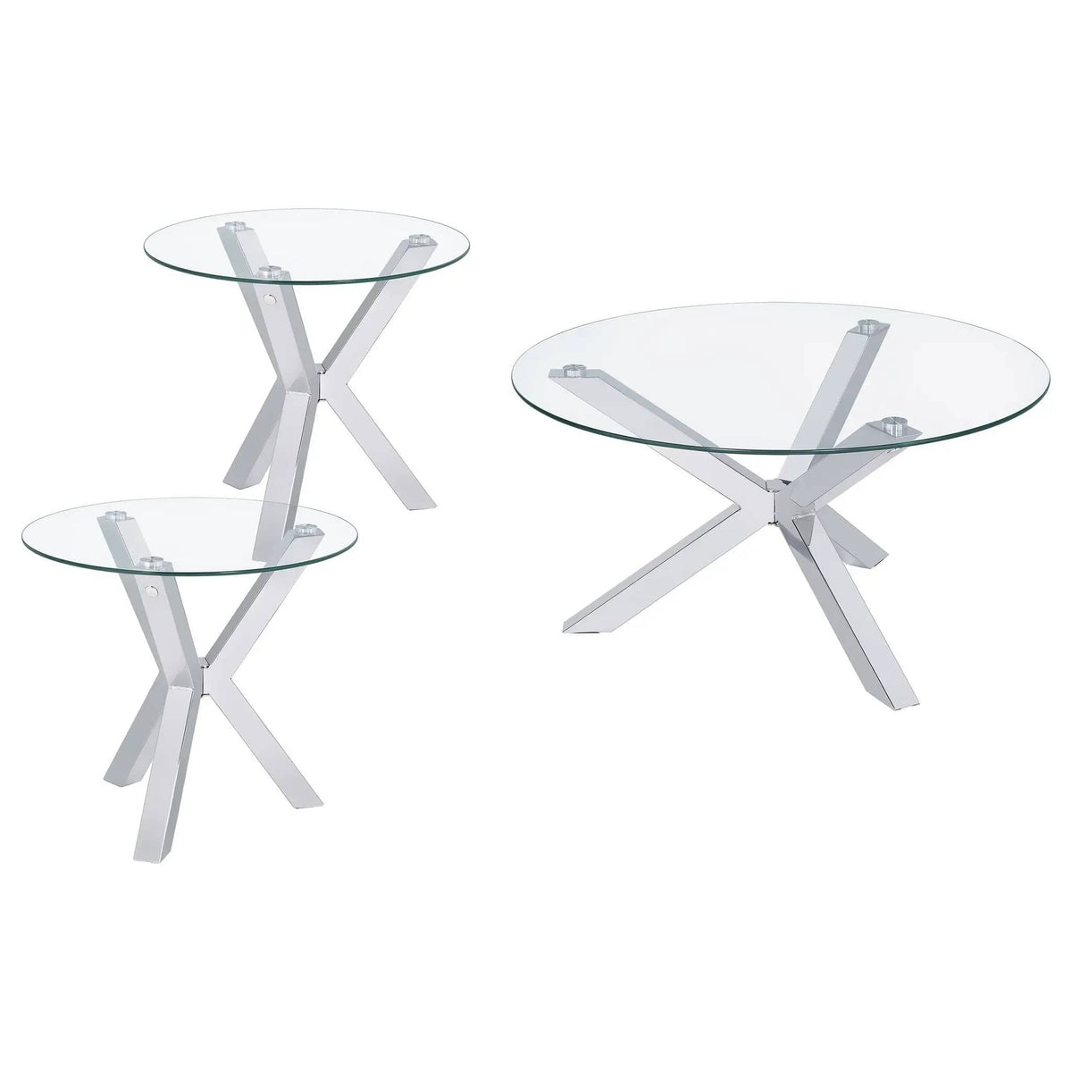 Kenzie 3-piece Round Coffee and End Table Set Chrome | 3-Piece Set | Tempered Glass & Steel | Dining Room