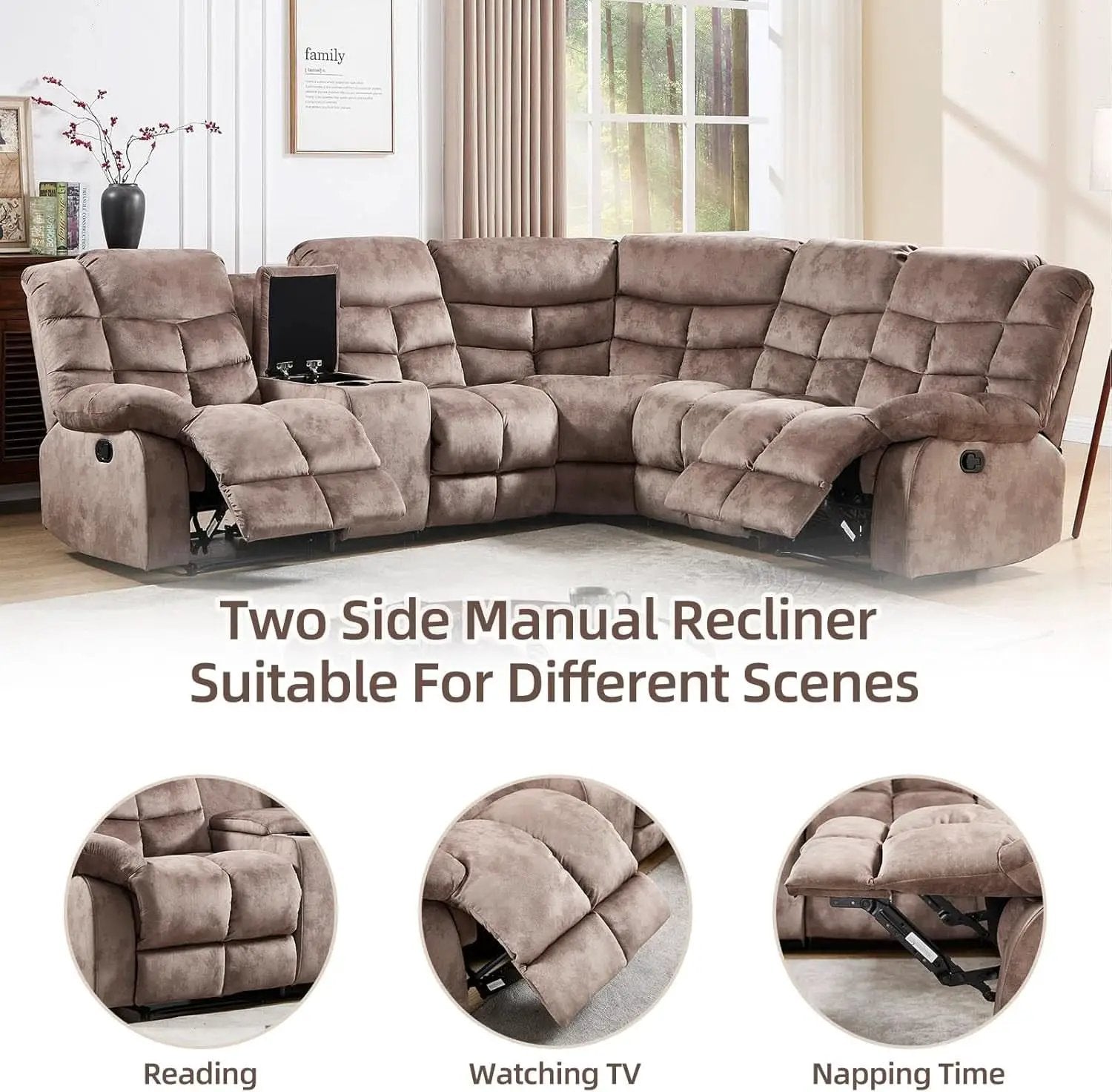 Brown Manual Reclining Sectional Sofa With Cup Holders from PriceLows™