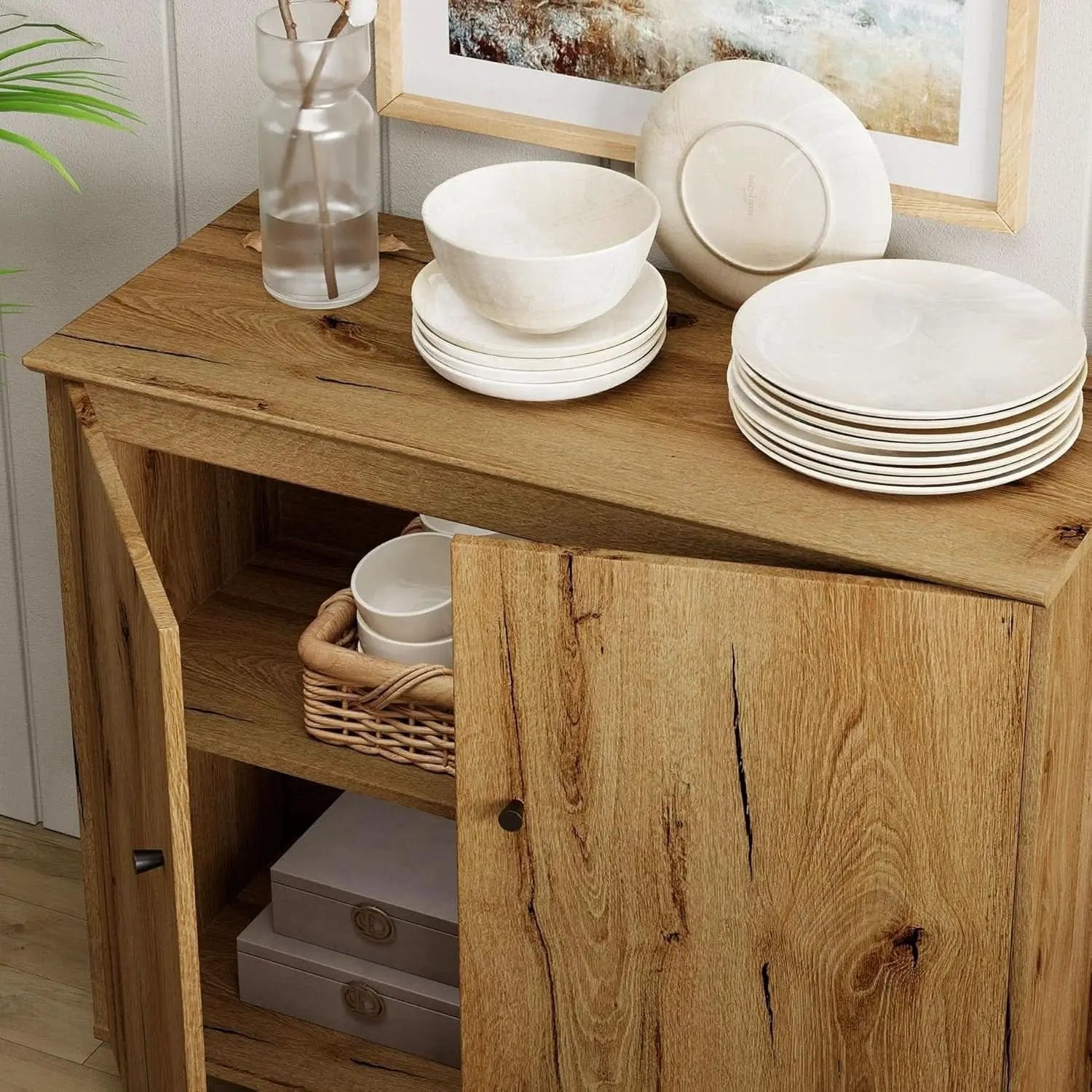 Oak Brown 35-Inch Wide Sideboard Buffet Storage Cabinet from PriceLows™