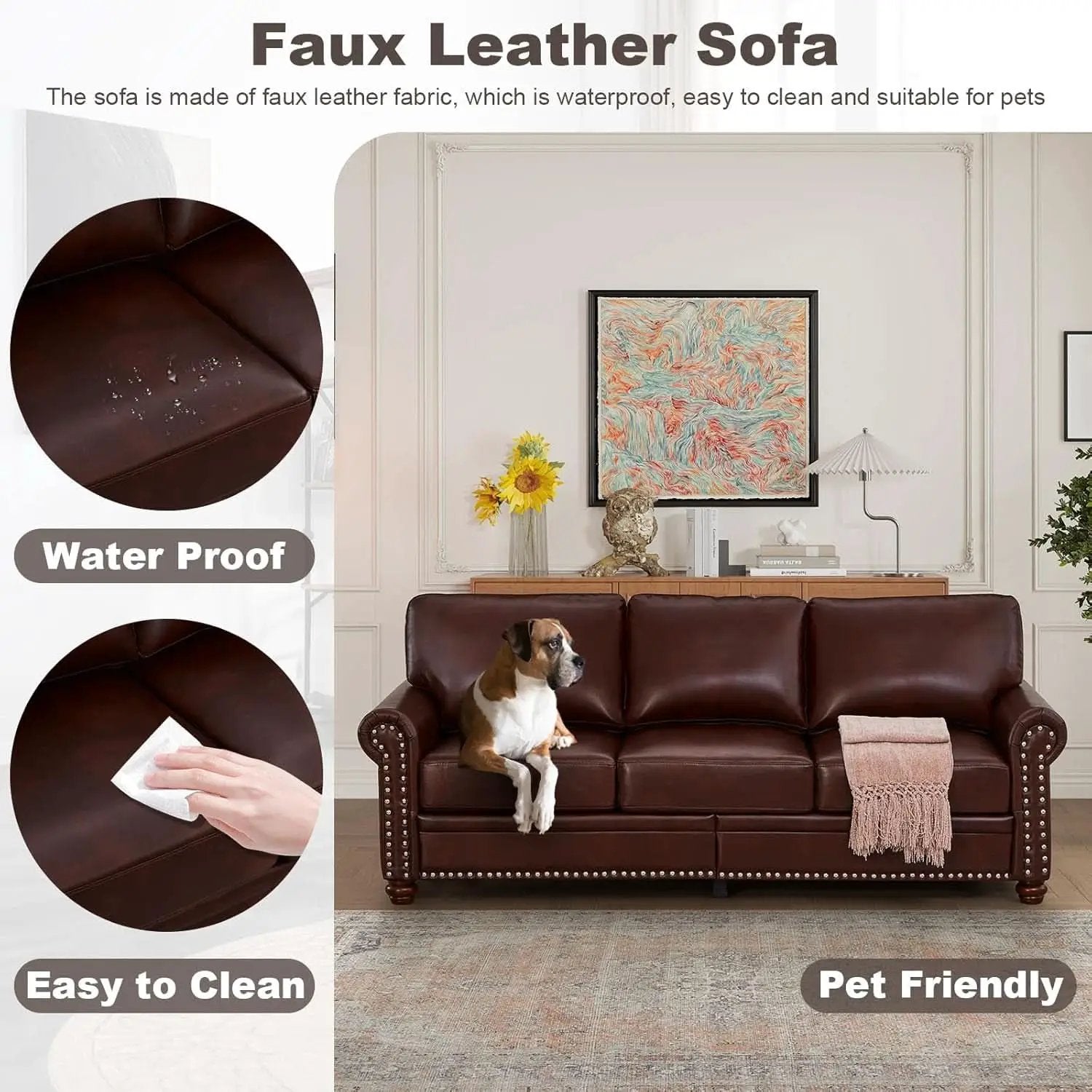 3 Piece Faux Leather Sofa Set With Storage In Burgundy Mid Century Modern Living Room from PriceLows™
