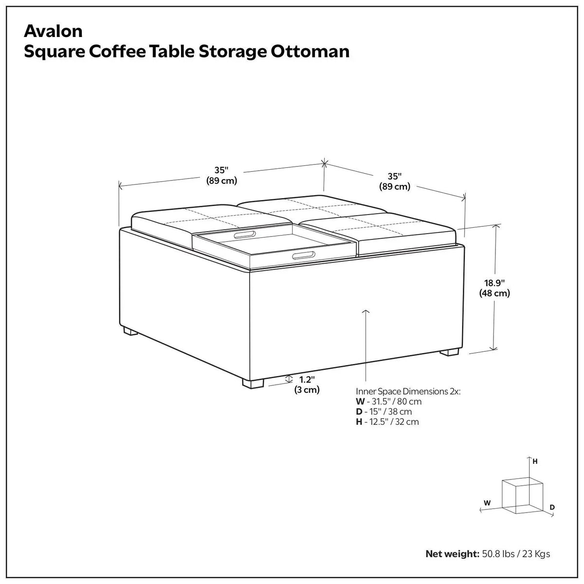 Avalon Square Storage Ottoman | Coffee Table Design | Four Flip Over Serving Trays | 35 Inch Width