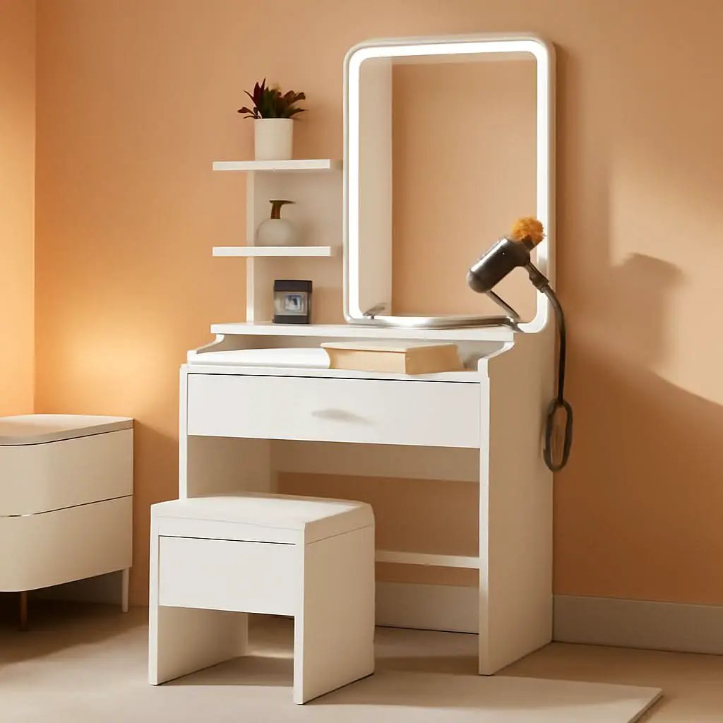 White Vanity Set With Lighted Mirror Modern Bedroom Desk from PriceLows™