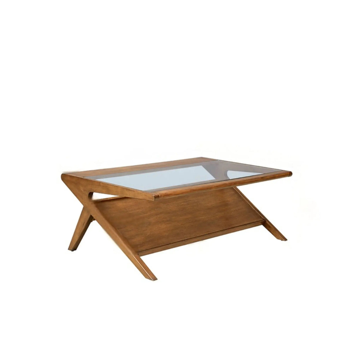Tempered Glass Coffee Table | Walnut Pecan Finish | Solid Wood Frame | Angular Design