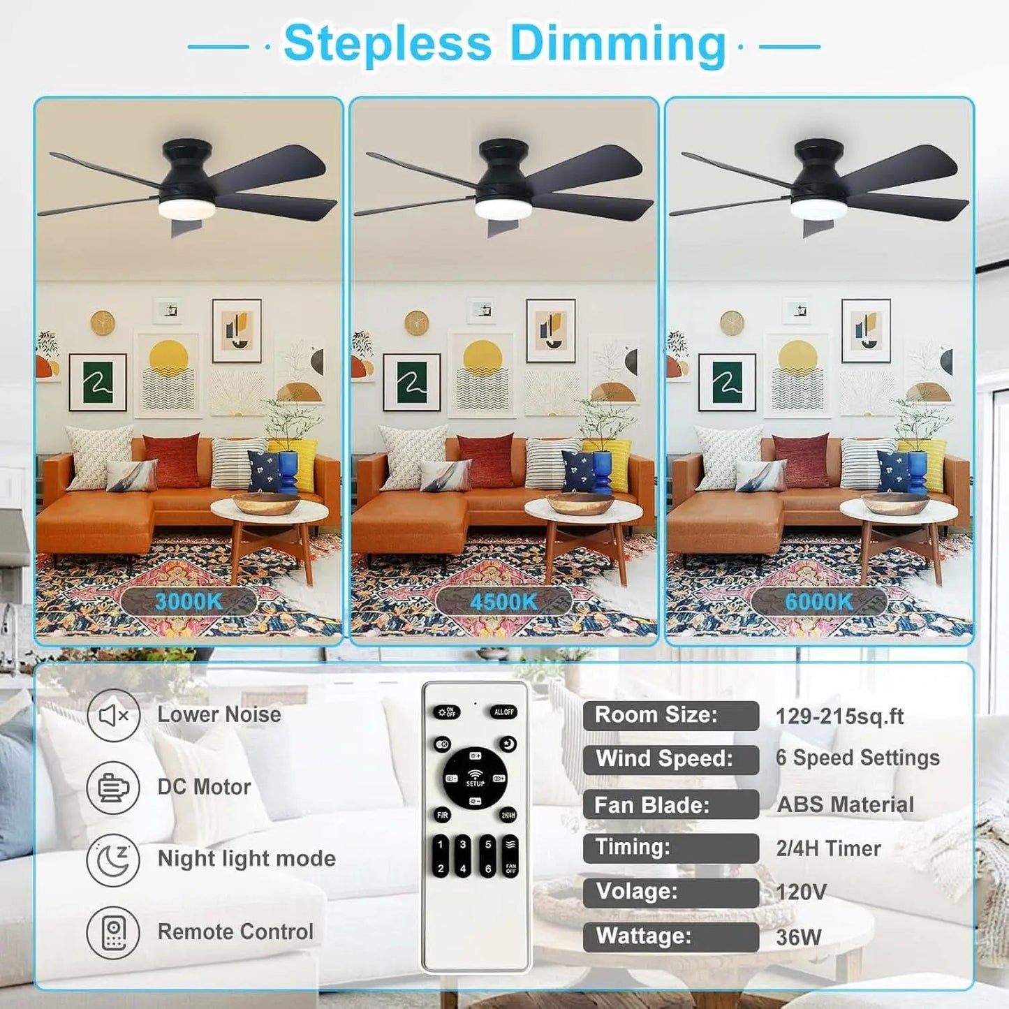 42 Inch Ceiling Fan With Dimmable LED Light Remote from PriceLows™