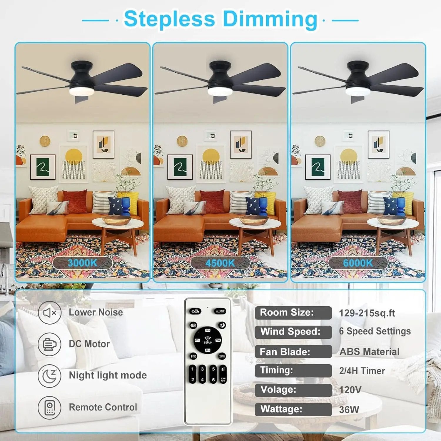 42 Inch Ceiling Fan With Dimmable LED Light Remote from PriceLows™