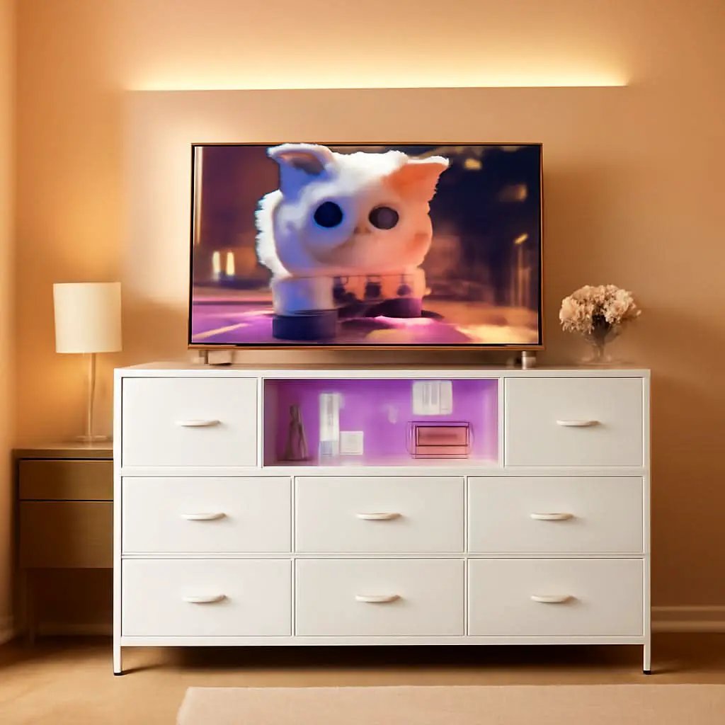 White Dresser TV Stand for 55 Inch TV with Charging Station LED Lights from PriceLows™