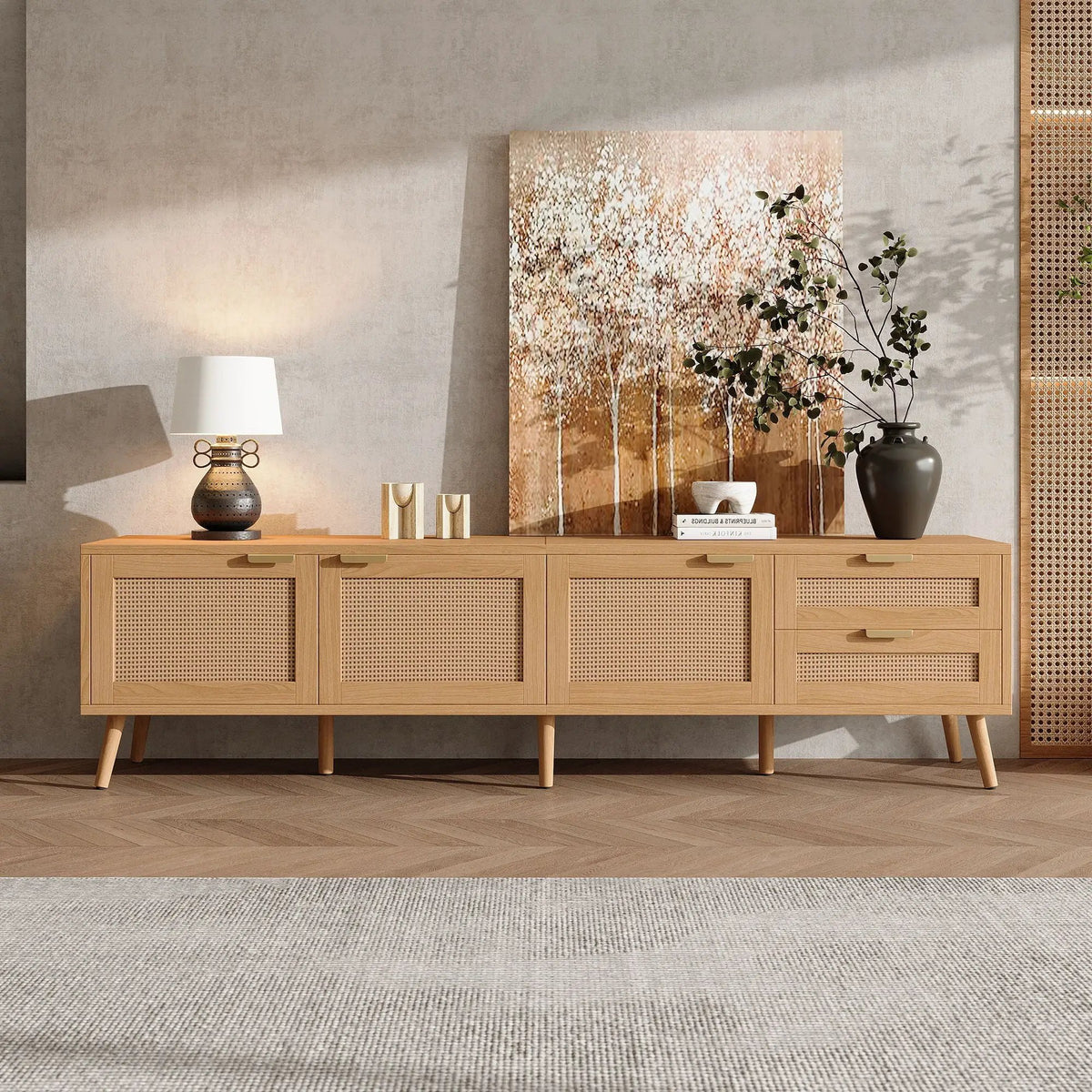 TV Stand | 2 Drawers | Cable Management | Natural Rattan