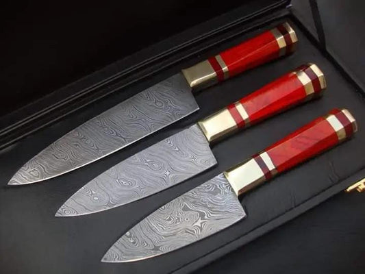 Custom Handmade Damast Steel Knife 13” with Resin Handle, Brass Bolster & Leather | 8 Inch | Damascus Steel | Kitchen Knives Set