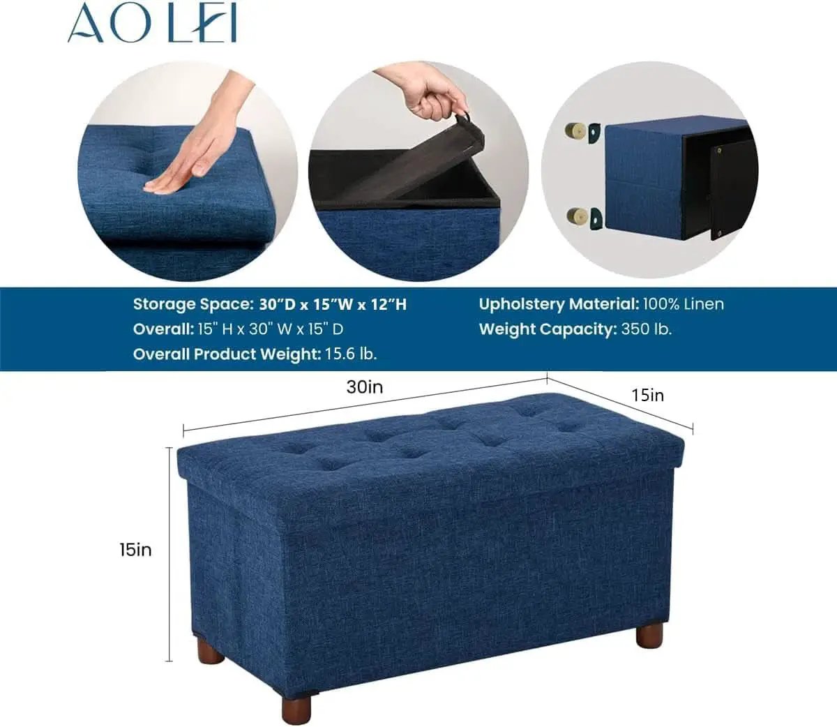 Blue Linen 30-Inch Storage Ottoman Bench Removable Lid from PriceLows™