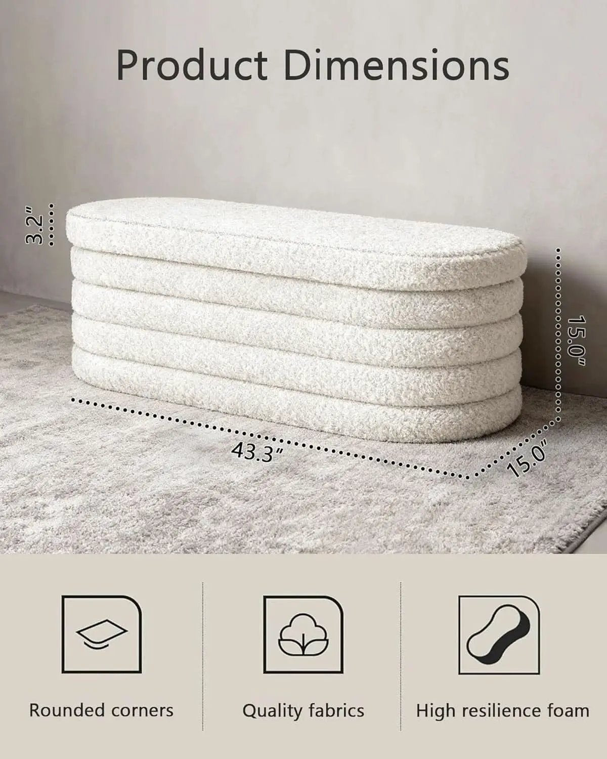 43 Inch SherpaWhite Upholstered Storage Ottoman Bench from PriceLows™