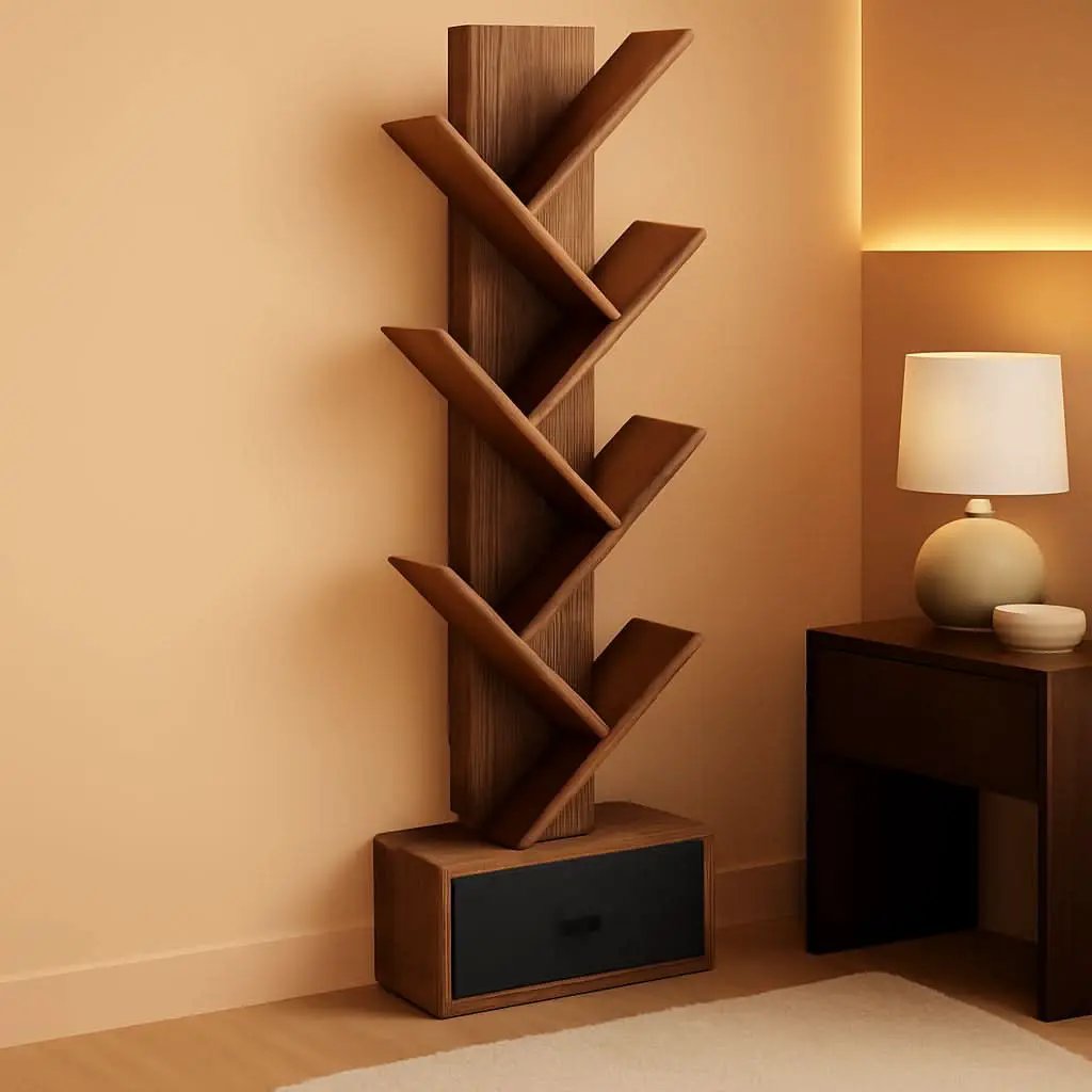 Rustic Brown 7 Shelf Tree Bookshelf With Drawer Living Room from PriceLows™