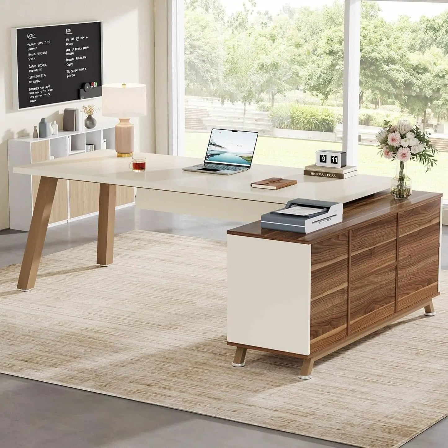 71 Inch Walnut White L Shaped Desk With 55 Inch Cabinet from PriceLows™