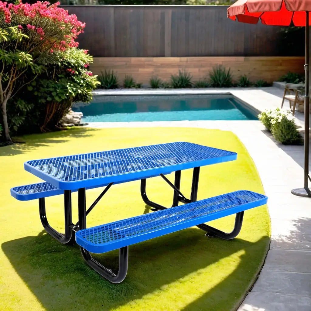 Outdoor Steel Picnic Rectangular Table With Umbrella Pole | 3 Pieces | Steel & Metal | Dining Room