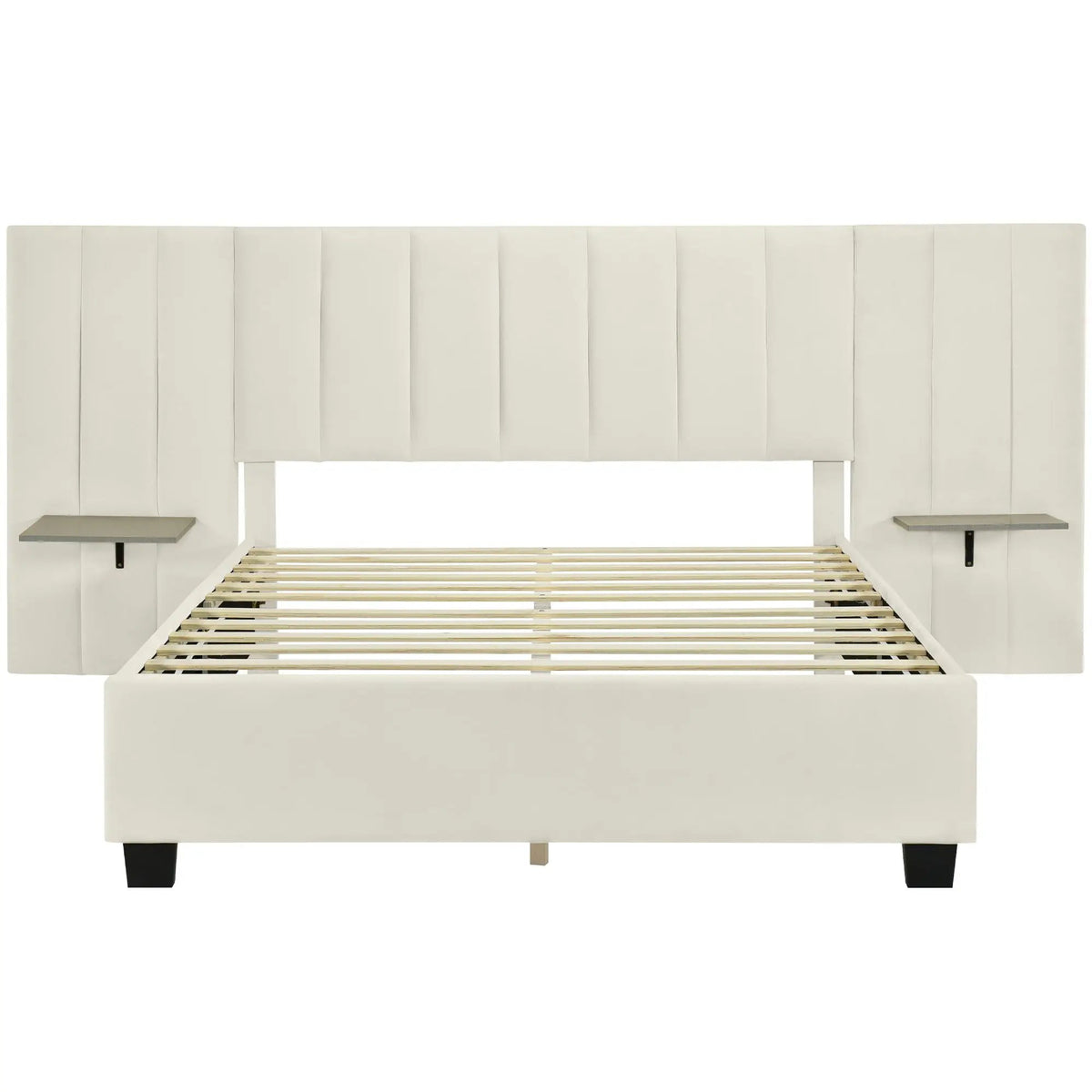 Upholstered Platform Bed | Oversized Ultra-Soft Headboard | Integrated Side Shelves | 111.8 Inch Length