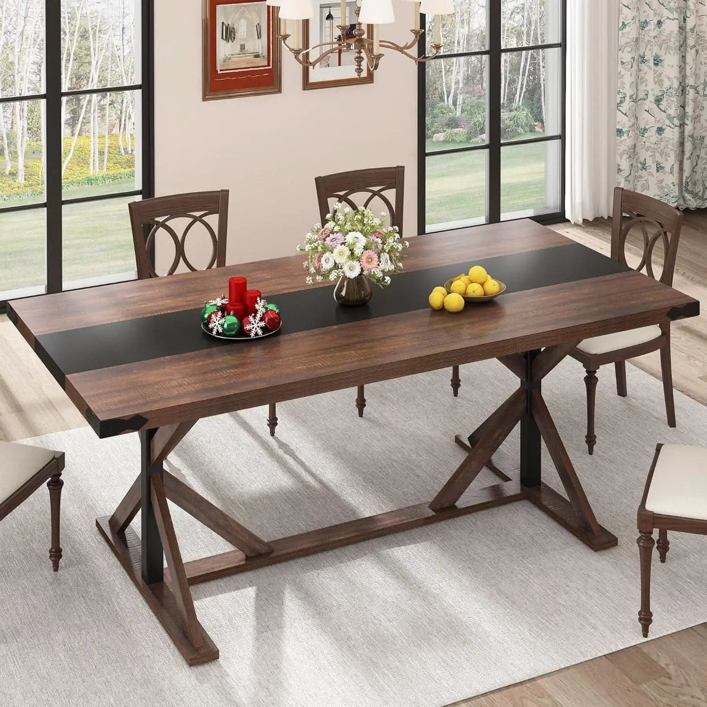 71 Inch Farmhouse Dining Table Waterproof Wood Grain Top from PriceLows™