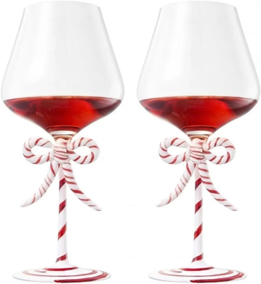 Khen Christmas Candy Cane Bow Wine Glasses - Set of 2 from PriceLows™