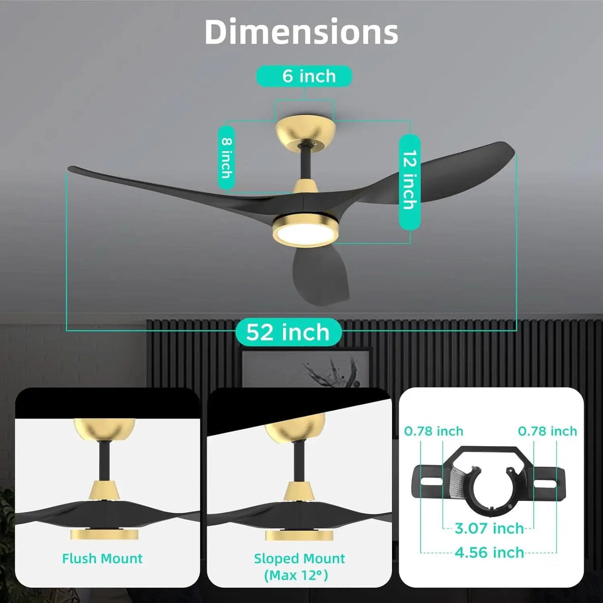 52 Inch Black Gold Indoor Ceiling Fan With LED Light from PriceLows™